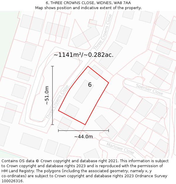 6, THREE CROWNS CLOSE, WIDNES, WA8 7AA: Plot and title map