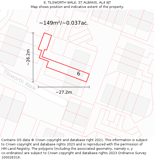 6, TILSWORTH WALK, ST ALBANS, AL4 9JT: Plot and title map