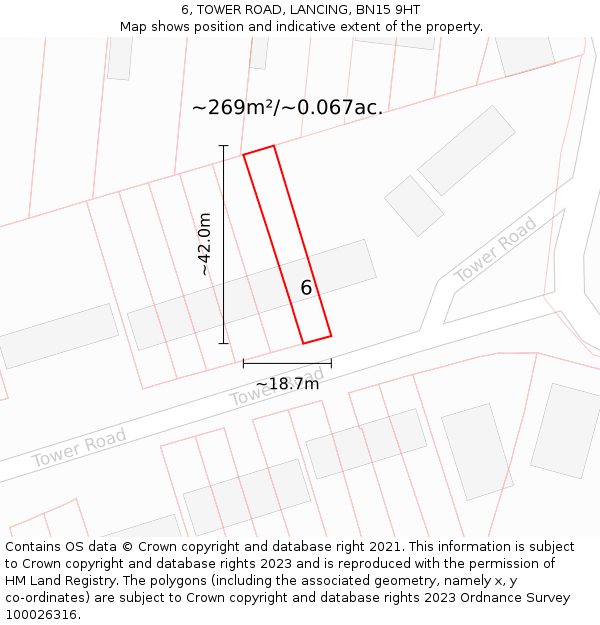 6, TOWER ROAD, LANCING, BN15 9HT: Plot and title map