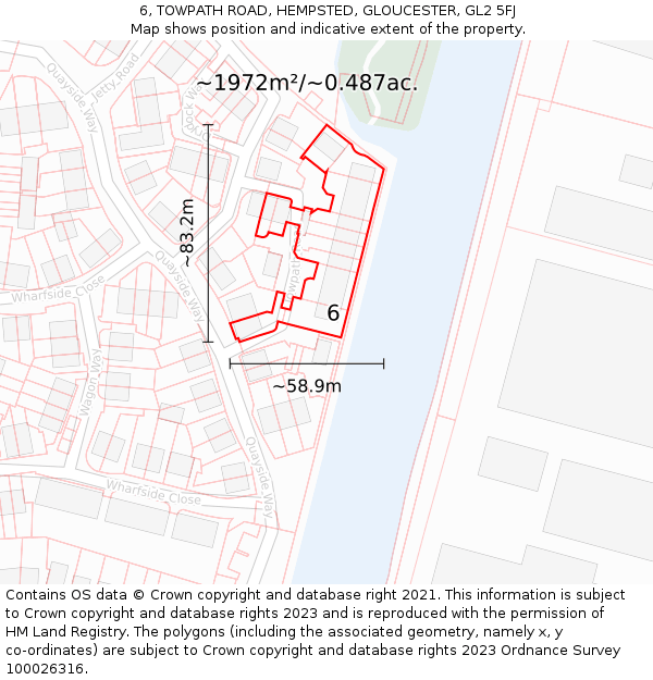6, TOWPATH ROAD, HEMPSTED, GLOUCESTER, GL2 5FJ: Plot and title map