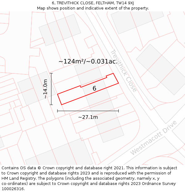 6, TREVITHICK CLOSE, FELTHAM, TW14 9XJ: Plot and title map