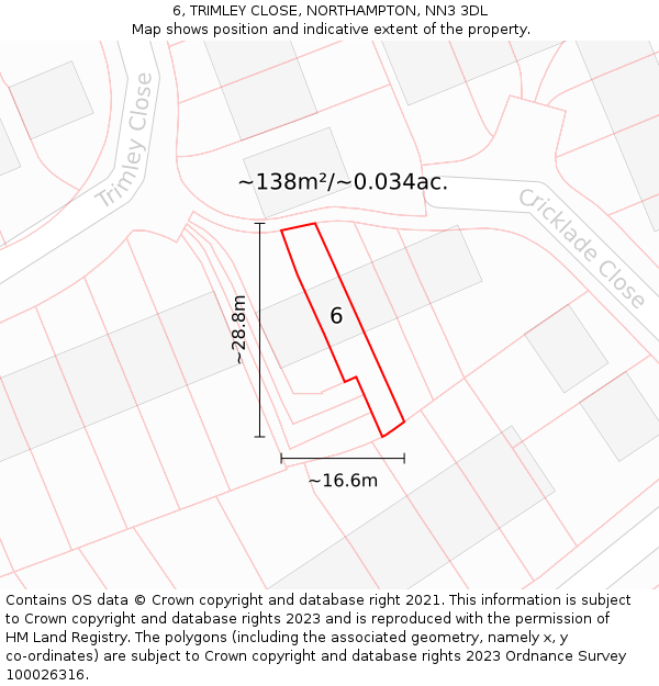 6, TRIMLEY CLOSE, NORTHAMPTON, NN3 3DL: Plot and title map