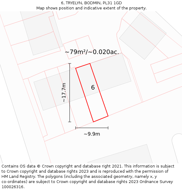 6, TRYELYN, BODMIN, PL31 1GD: Plot and title map