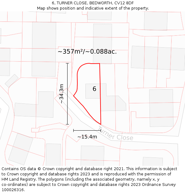 6, TURNER CLOSE, BEDWORTH, CV12 8DF: Plot and title map