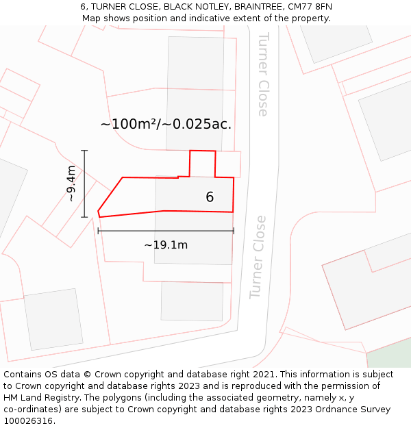 6, TURNER CLOSE, BLACK NOTLEY, BRAINTREE, CM77 8FN: Plot and title map