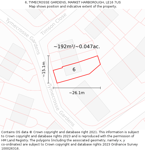 6, TYMECROSSE GARDENS, MARKET HARBOROUGH, LE16 7US: Plot and title map