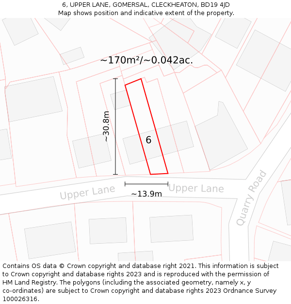 6, UPPER LANE, GOMERSAL, CLECKHEATON, BD19 4JD: Plot and title map