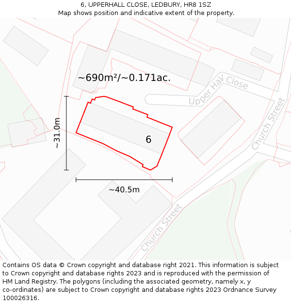 6, UPPERHALL CLOSE, LEDBURY, HR8 1SZ: Plot and title map