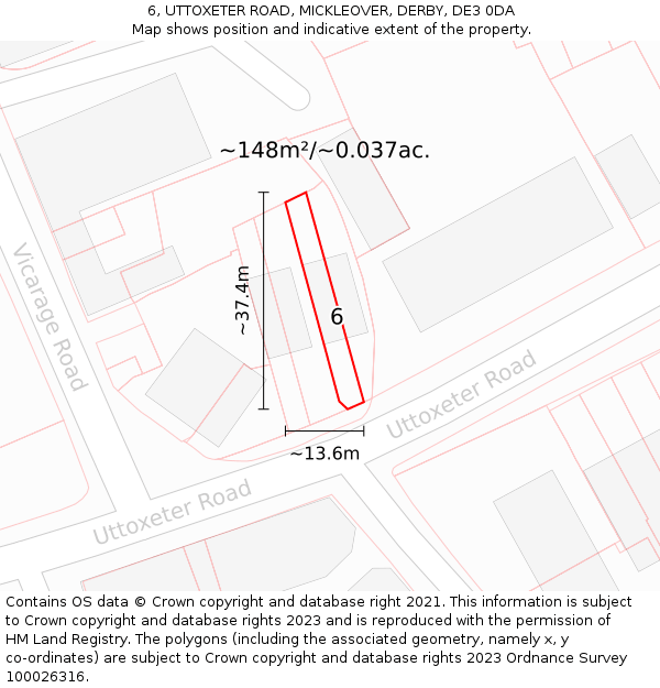 6, UTTOXETER ROAD, MICKLEOVER, DERBY, DE3 0DA: Plot and title map