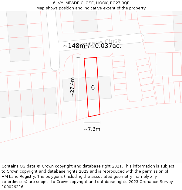 6, VALMEADE CLOSE, HOOK, RG27 9QE: Plot and title map