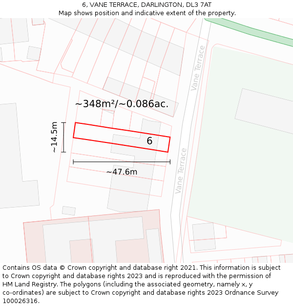 6, VANE TERRACE, DARLINGTON, DL3 7AT: Plot and title map