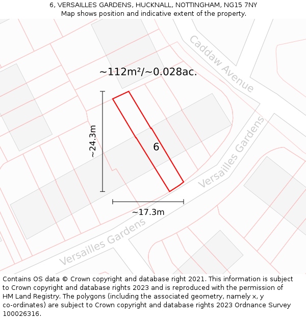 6, VERSAILLES GARDENS, HUCKNALL, NOTTINGHAM, NG15 7NY: Plot and title map