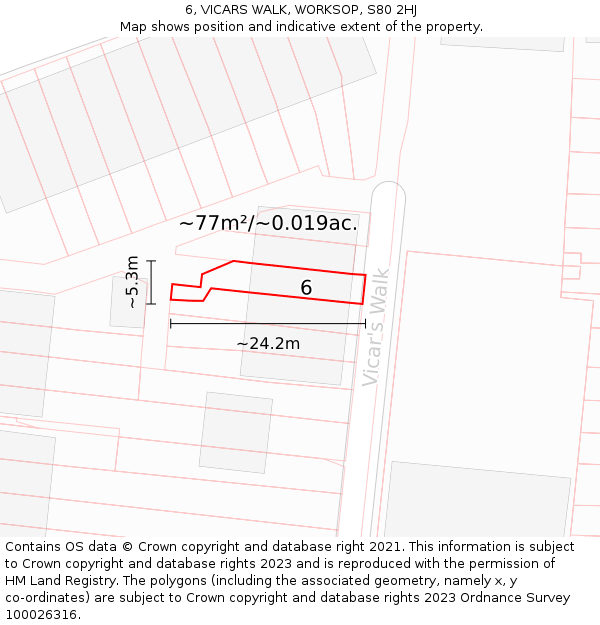 6, VICARS WALK, WORKSOP, S80 2HJ: Plot and title map