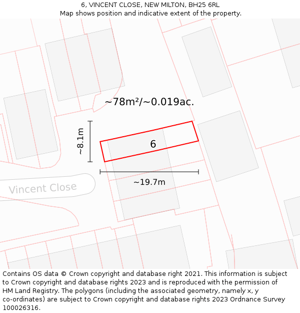 6, VINCENT CLOSE, NEW MILTON, BH25 6RL: Plot and title map