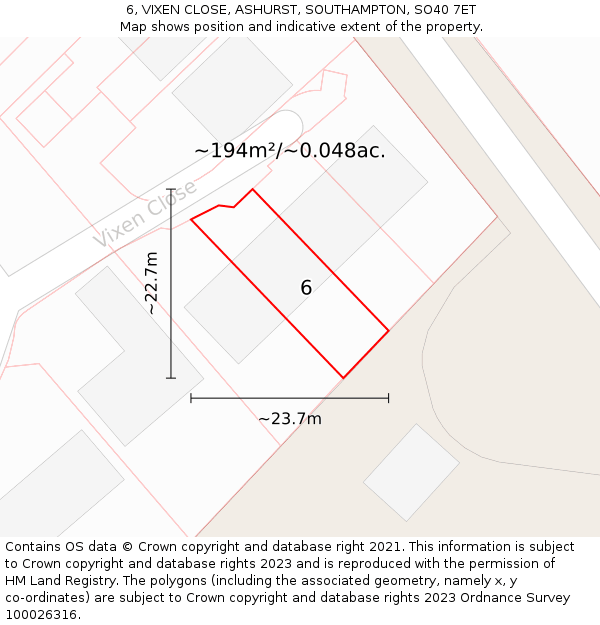 6, VIXEN CLOSE, ASHURST, SOUTHAMPTON, SO40 7ET: Plot and title map