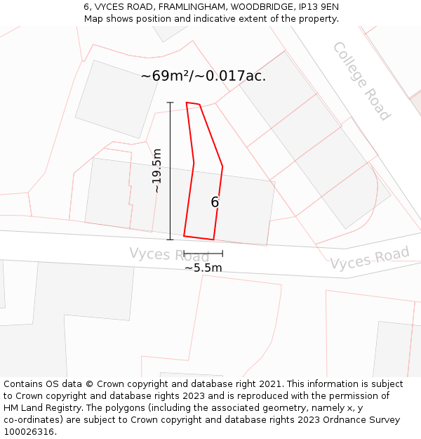6, VYCES ROAD, FRAMLINGHAM, WOODBRIDGE, IP13 9EN: Plot and title map