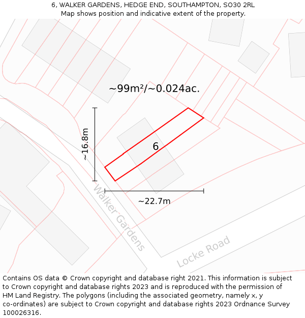 6, WALKER GARDENS, HEDGE END, SOUTHAMPTON, SO30 2RL: Plot and title map