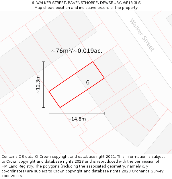 6, WALKER STREET, RAVENSTHORPE, DEWSBURY, WF13 3LS: Plot and title map