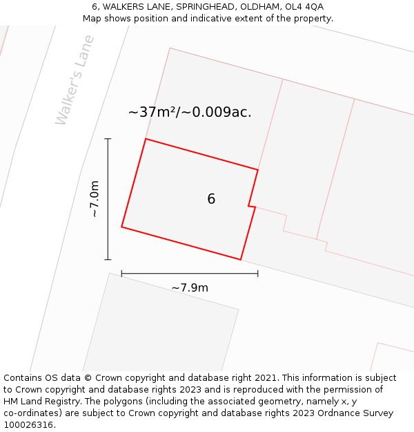 6, WALKERS LANE, SPRINGHEAD, OLDHAM, OL4 4QA: Plot and title map