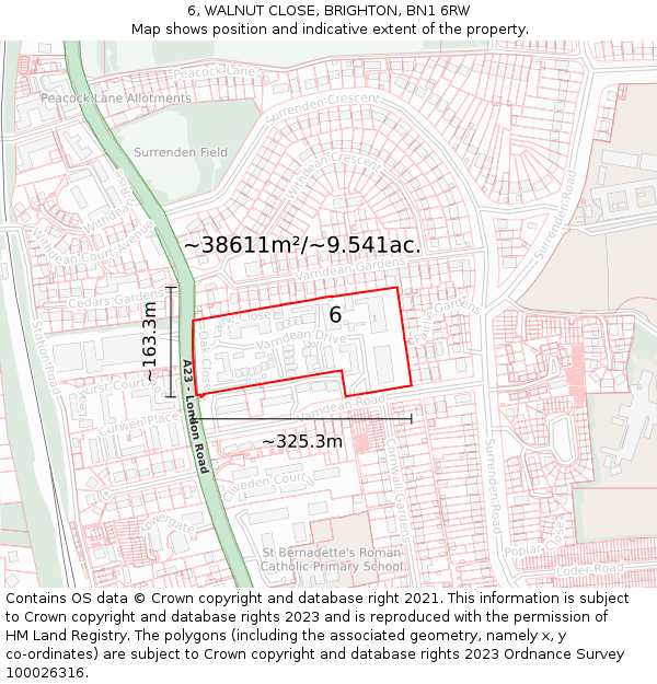 6, WALNUT CLOSE, BRIGHTON, BN1 6RW: Plot and title map