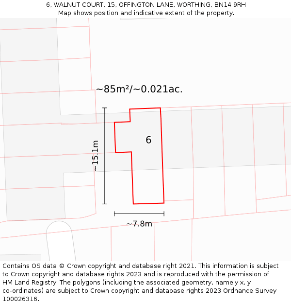 6, WALNUT COURT, 15, OFFINGTON LANE, WORTHING, BN14 9RH: Plot and title map