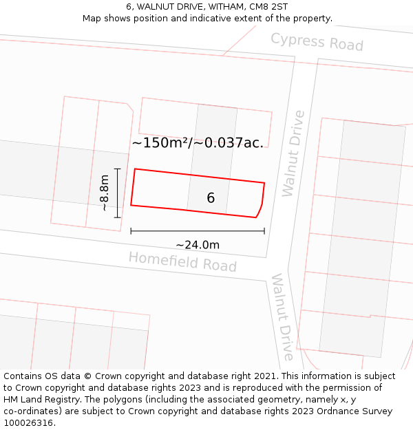 6, WALNUT DRIVE, WITHAM, CM8 2ST: Plot and title map
