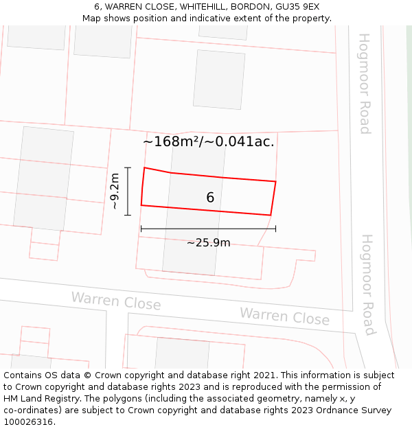 6, WARREN CLOSE, WHITEHILL, BORDON, GU35 9EX: Plot and title map