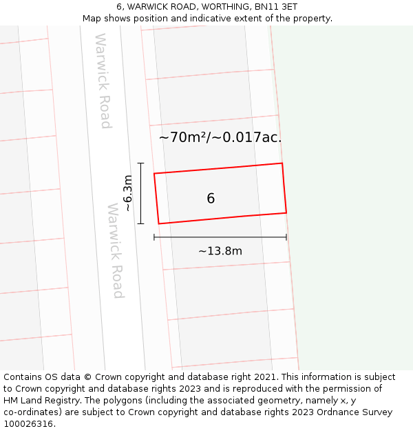 6, WARWICK ROAD, WORTHING, BN11 3ET: Plot and title map