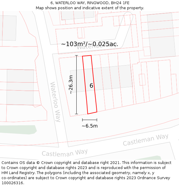 6, WATERLOO WAY, RINGWOOD, BH24 1FE: Plot and title map