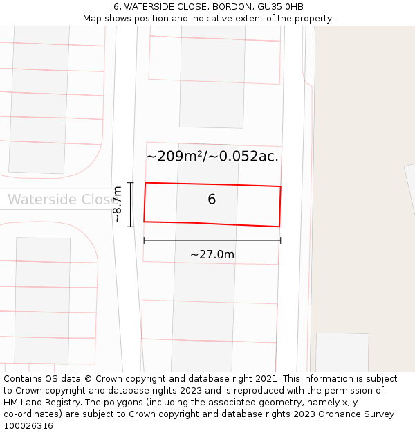 6, WATERSIDE CLOSE, BORDON, GU35 0HB: Plot and title map