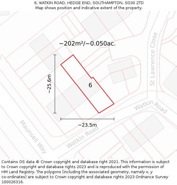 6, WATKIN ROAD, HEDGE END, SOUTHAMPTON, SO30 2TD: Plot and title map