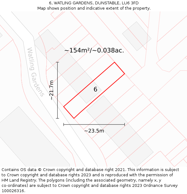 6, WATLING GARDENS, DUNSTABLE, LU6 3FD: Plot and title map