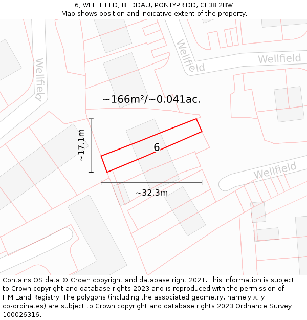 6, WELLFIELD, BEDDAU, PONTYPRIDD, CF38 2BW: Plot and title map
