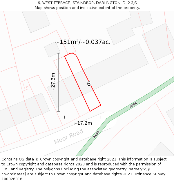 6, WEST TERRACE, STAINDROP, DARLINGTON, DL2 3JS: Plot and title map