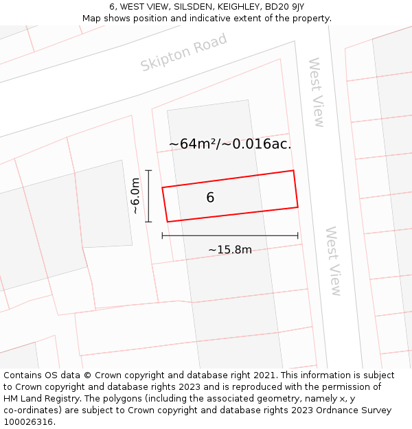 6, WEST VIEW, SILSDEN, KEIGHLEY, BD20 9JY: Plot and title map
