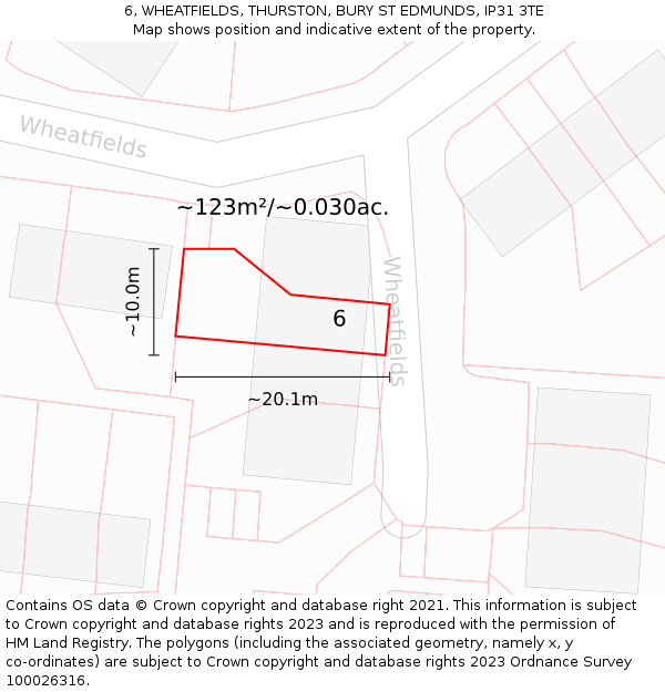 6, WHEATFIELDS, THURSTON, BURY ST EDMUNDS, IP31 3TE: Plot and title map