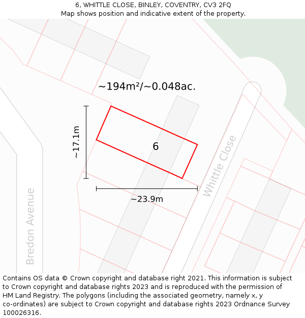 6, WHITTLE CLOSE, BINLEY, COVENTRY, CV3 2FQ: Plot and title map