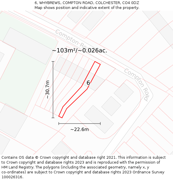 6, WHYBREWS, COMPTON ROAD, COLCHESTER, CO4 0DZ: Plot and title map