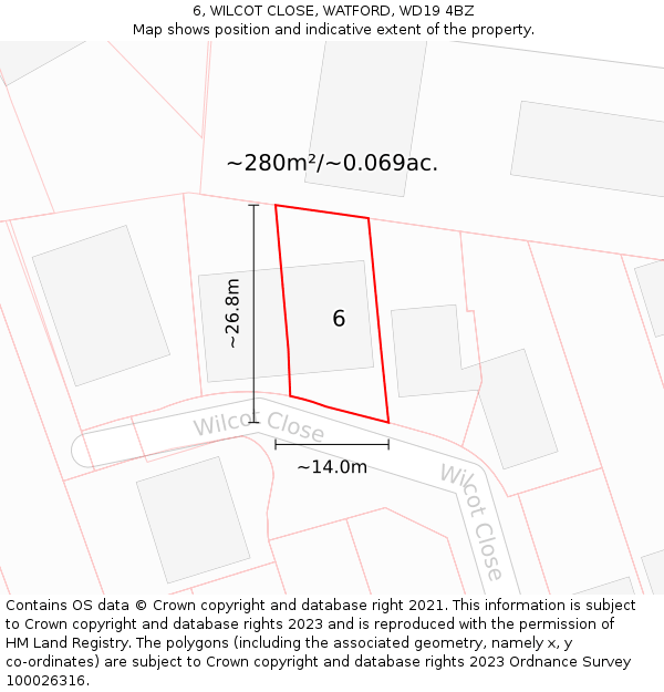 6, WILCOT CLOSE, WATFORD, WD19 4BZ: Plot and title map