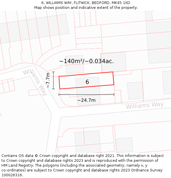 6, WILLIAMS WAY, FLITWICK, BEDFORD, MK45 1XD: Plot and title map