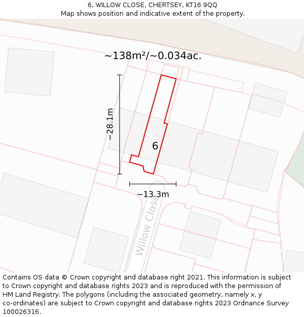 6, WILLOW CLOSE, CHERTSEY, KT16 9QQ: Plot and title map