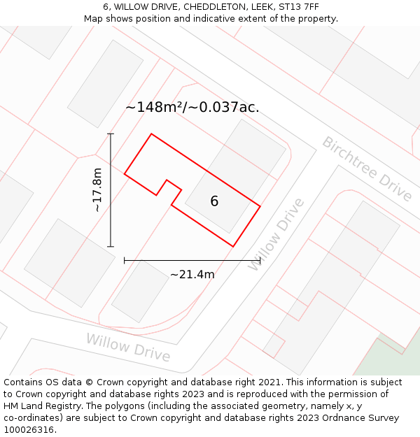 6, WILLOW DRIVE, CHEDDLETON, LEEK, ST13 7FF: Plot and title map