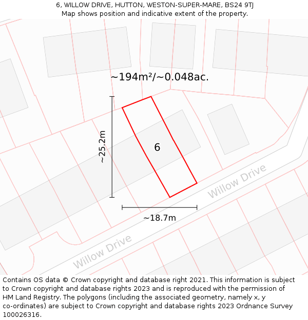 6, WILLOW DRIVE, HUTTON, WESTON-SUPER-MARE, BS24 9TJ: Plot and title map