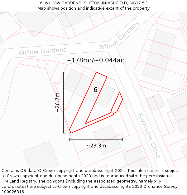 6, WILLOW GARDENS, SUTTON-IN-ASHFIELD, NG17 5JF: Plot and title map