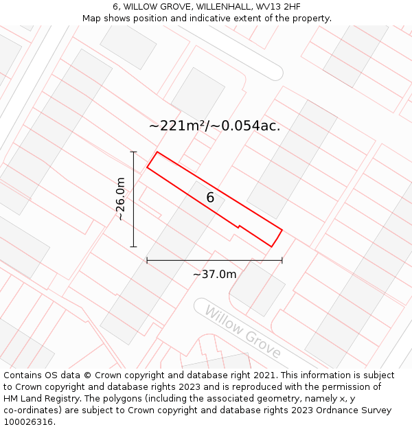 6, WILLOW GROVE, WILLENHALL, WV13 2HF: Plot and title map