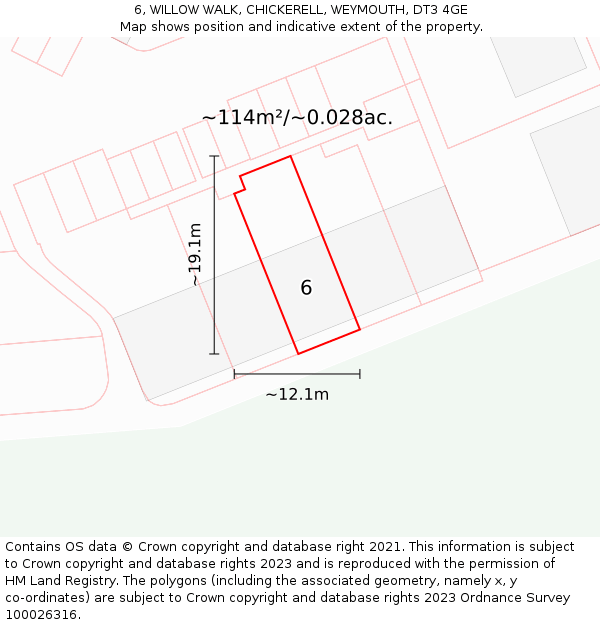 6, WILLOW WALK, CHICKERELL, WEYMOUTH, DT3 4GE: Plot and title map