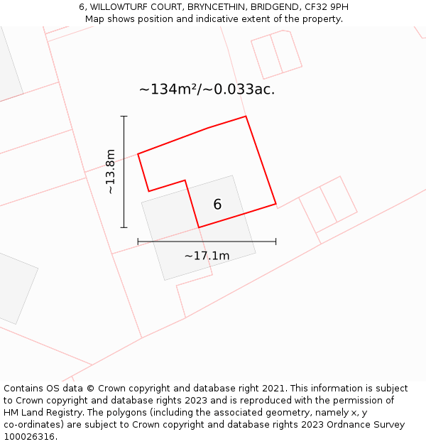 6, WILLOWTURF COURT, BRYNCETHIN, BRIDGEND, CF32 9PH: Plot and title map
