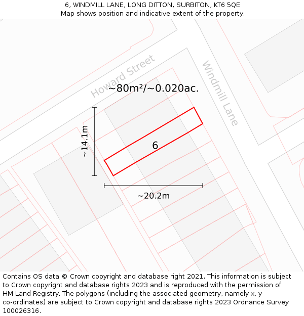 6, WINDMILL LANE, LONG DITTON, SURBITON, KT6 5QE: Plot and title map