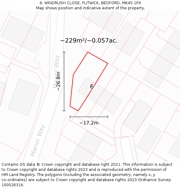 6, WINDRUSH CLOSE, FLITWICK, BEDFORD, MK45 1PX: Plot and title map