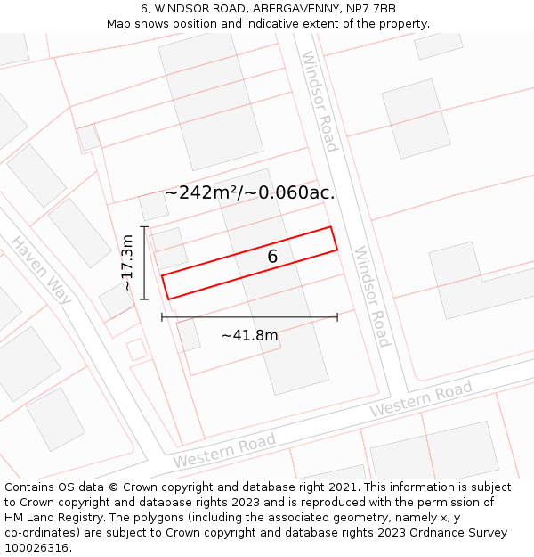 6, WINDSOR ROAD, ABERGAVENNY, NP7 7BB: Plot and title map